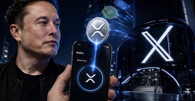 A man holds a phone displaying a 'Wallet' app with a 'Receiving...' status and the XRP coin logo, with a large 'X' cryptocurrency logo in the background.