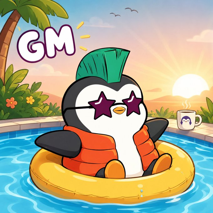 A cartoon illustration features a penguin with a green mohawk wearing star-shaped sunglasses and an orange life vest, floating in a yellow pool ring at sunset, with "GM" text in the sky.