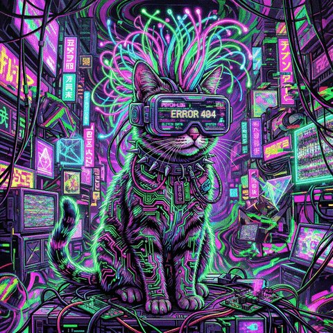The image features a cat with neon green hair, wearing a pair of virtual reality goggles that give it an futuristic appearance. The cat is sitting atop a computer monitor or TV screen, surrounded by various neon signs and screens. The caption for this image reads "Good night, collectors. Cyber-Felis watches over the neon chaos. Only 6/8 remain at 3.88 ꜩ. Secure your piece before the signal fades." This post seems to be related to a virtual reality or gaming event, as it talks about securing pieces and the cat's presence in this digital environment.