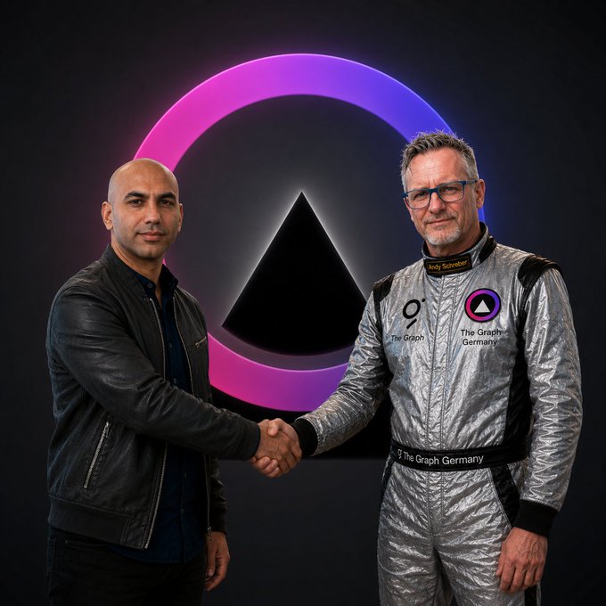 In the image, there are two men shaking hands against a dark backdrop with a pink circle and black triangle. One of the men is wearing a silver racing suit, while the other has a bald head. A large logo or symbol that says "9 Graphein Germany" can be seen in the background as well. The post suggests they're saying "strong together Yaniv."