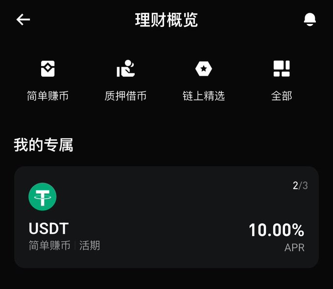 A Bitget financial management (理财概览) overview screen displays four navigation options (简单赚币, 质押借币, 链上精选, 全部) and shows a "My Exclusive" (我的专属) section featuring a USDT simple earnings flexible savings product (简单赚币 | 活期) with a 10.00% APR, matching the post's promotion of the limited-time high-yield USDT flexible savings product.