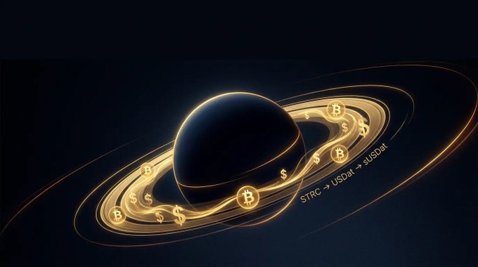 The image shows a Saturn-like planet with golden orbital rings composed of Bitcoin (₿) and dollar ($) symbols, with the text "STRC → USDat → sUSDat" flowing along the rings—visually representing the financial pipeline described in the post about Saturn Credit's dividend-yielding stablecoin and its June depegging event.