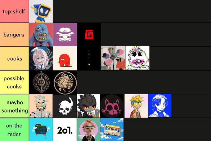 A tier list categorizes various NFT projects from "top shelf" to "on the radar," featuring characters and artwork such as a robot, anime-style figures, skulls, and mascots, with visible text including "ITA" and "2ol." The image appears to be a curated ranking of pre-mint NFT drops, as indicated by the accompanying post.