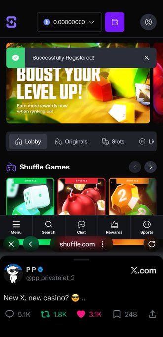 A screenshot of a mobile casino website (shuffle.com) showing a 'Successfully Registered!' notification, a 'Boost Your Level Up!' banner, and various game options like Shuffle Games, with an X (Twitter) post visible at the bottom.