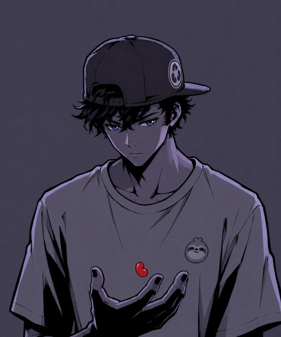 An anime-style digital illustration of a young man wearing a cap and a sloth-logo t-shirt, looking down thoughtfully at a small red heart resting in his open hand.