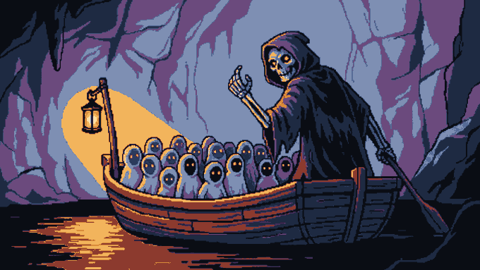 A pixel art illustration depicting a hooded grim reaper figure rowing a wooden boat full of ghost-like creatures through a dark cave, illuminated by a lantern at the bow.