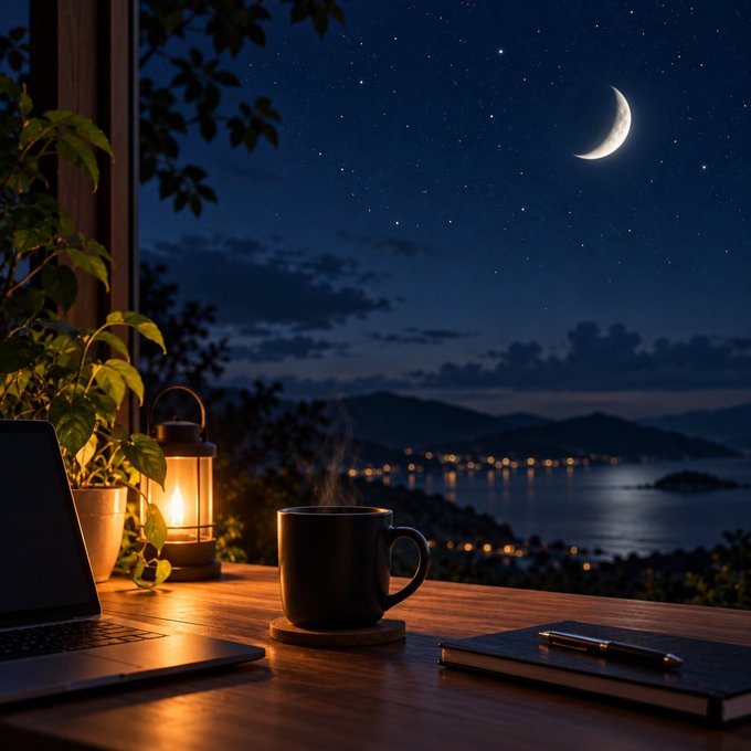 A cozy nighttime scene shows a steaming mug of coffee on a wooden desk beside a laptop and notebook, with a lit lantern, overlooking a scenic bay with distant city lights under a crescent moon and starry sky.