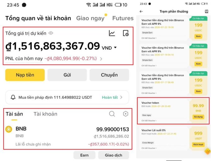 Two screenshots of a Vietnamese crypto exchange app showing account overview with a total value of approximately 1,516,863,367 VND, BNB holdings, and a rewards center highlighting a 'Voucher token' reward.