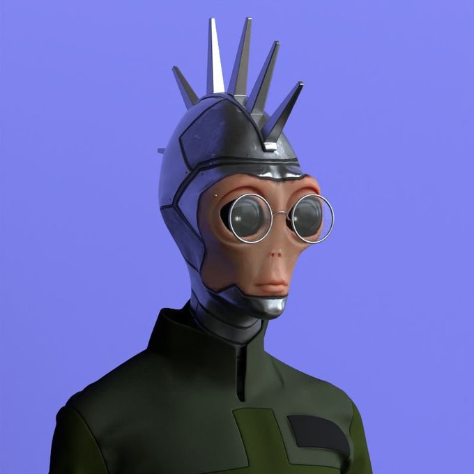 A 3D-rendered anthropomorphic character with a monkey-like face, wearing a spiky metallic helmet, round goggles, and a dark green outfit against a purple background.