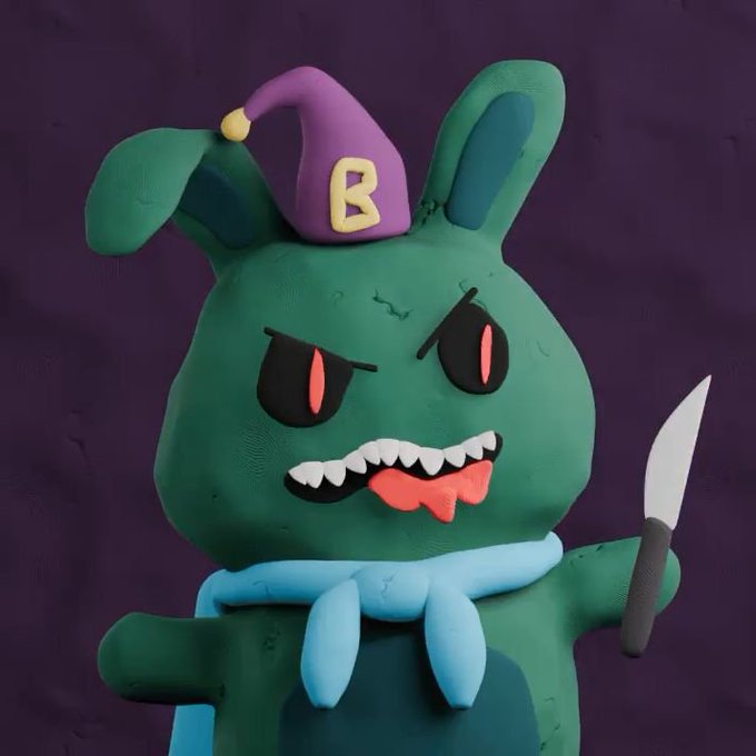 A 3D rendered green rabbit-like creature wearing a purple "B" hat holds a knife, featuring glowing red eyes, sharp teeth, and a blue scarf against a dark purple background.