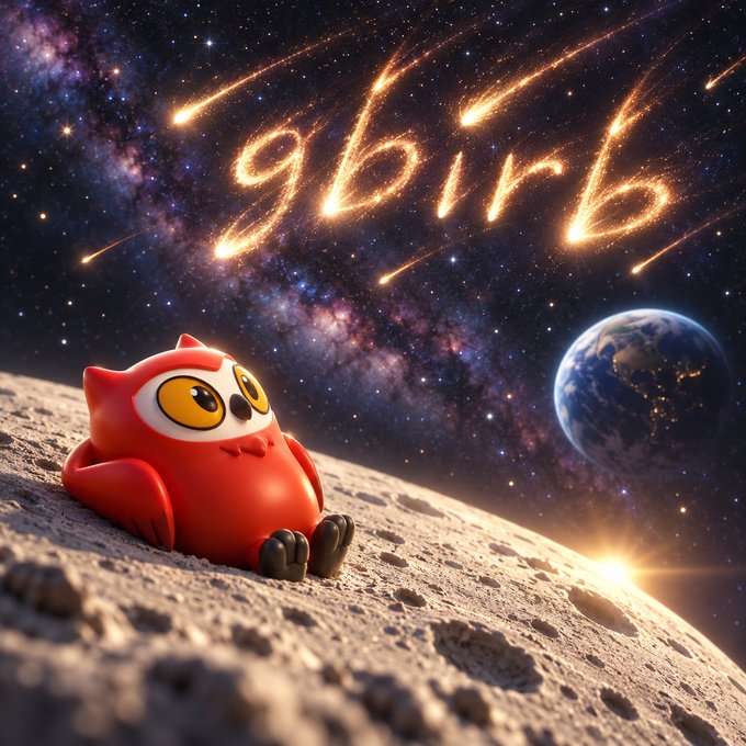 A cute red cartoon bird-like creature lounges on a moon's cratered surface with Earth in the background, while fiery meteors streak across the starry sky spelling out "gbirb" in glowing orange letters, matching the post's tag.