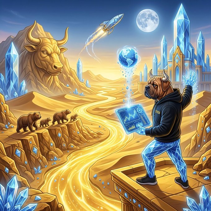 A fantasy illustration shows a hooded figure in a hoodie with crystalline legs analyzing data on a holographic screen, set in a desert landscape with bears, a rocket, a crystal castle, and a bull head carved into a mountain.