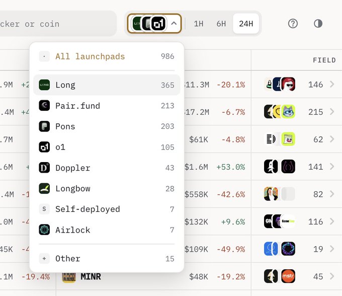 A screenshot of a crypto analytics interface (likely DexPaprika or similar) shows an open launchpad filter dropdown menu over a token list, displaying options including "All launchpads" (986), "Long" (365), "Pair.fund" (213), "Pons" (203), "ol" (105), "Doppler" (43), "Longbow" (28), "Self-deployed" (7), "Airlock" (7), and "Other" (15), demonstrating the new launchpad filtering functionality referenced in the accompanying post about the stockyard.rhps.fun project on GitHub.