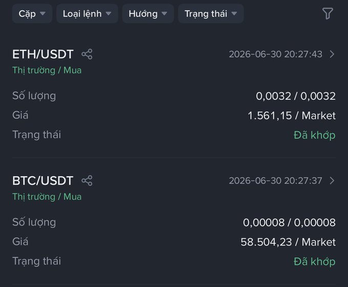 A cryptocurrency trading interface in Vietnamese showing market orders for ETH/USDT at 1,561.15 and BTC/USDT at 58,504.23, both marked as 'Đã khớp' (Filled).