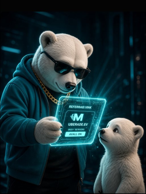 A digital illustration of an anthropomorphic polar bear wearing sunglasses and a hoodie, holding a glowing card labeled 'UBERADE.EV AVAILABLE ON' next to a polar bear cub.
