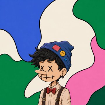 The image features a cartoon character, likely a boy or a young man, wearing a hat with a smiley face design and holding a wallet. The background of the image is a colorful abstract pattern that includes green, pink, blue, and white colors. Below the character's head, there is a post that reads "Drop your wallet below to snag a doll". This suggests that the image might be promoting an event or activity related to dolls or toys, possibly at a fair or market where people can buy toys by dropping their wallets into a designated slot.
