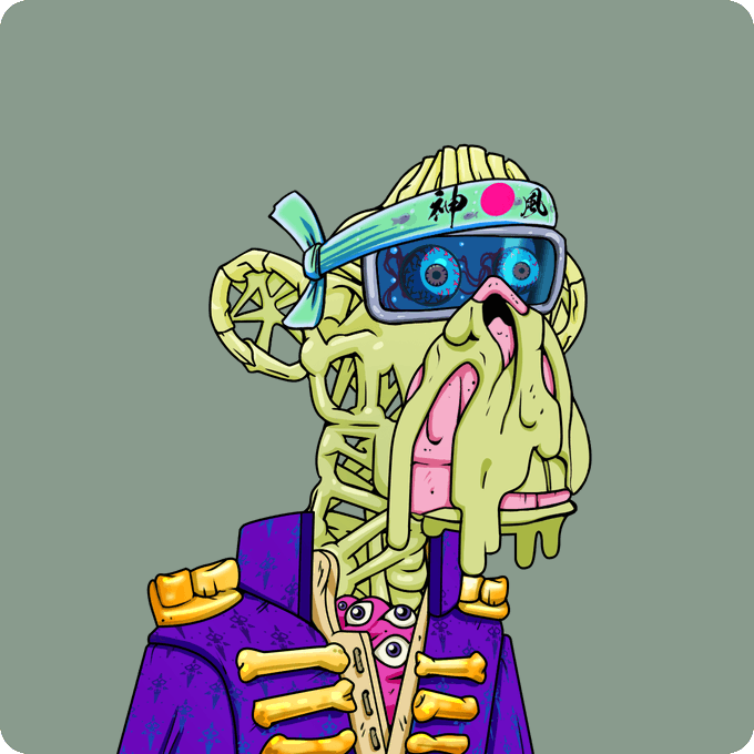 A cartoon illustration of a skeletal, melting creature wearing a VR headset with a Japanese hachimaki headband and a purple jacket with bone-like decorations, in a psychedelic art style.