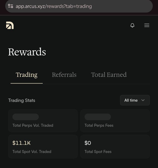 A screenshot of a 'Rewards' page on app.arcus.xyz showing the 'Trading' tab with stats including '$11.1K' Total Spot Vol. Traded and '$0' for both Total Perps Fees and Total Spot Fees.