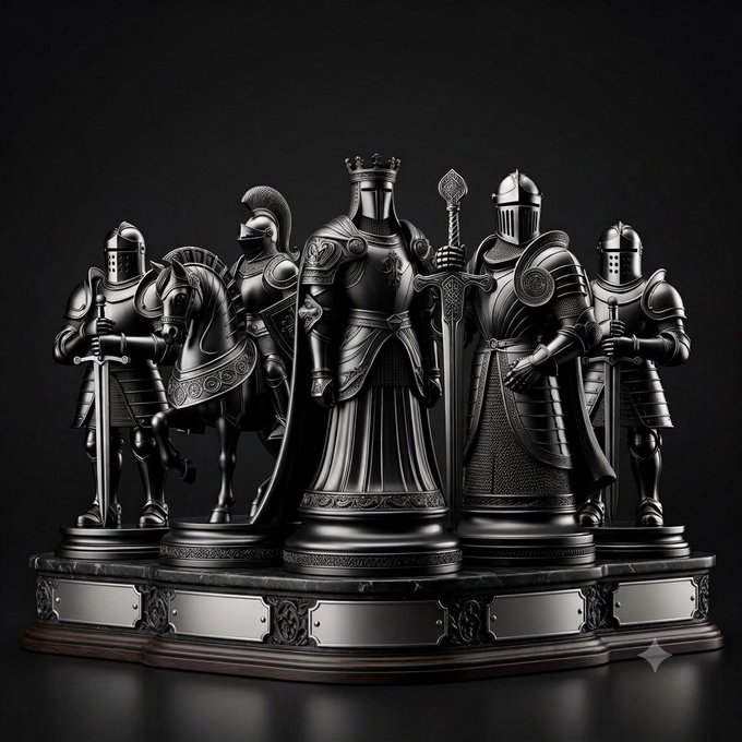 A detailed black and white 3D render shows a collection of ornate chess pieces, including knights, a king, and other figures mounted on a decorative, tiered base.