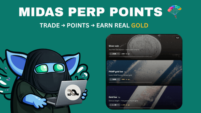 Promotional graphic for 'Midas Perp Points' showing a cartoon character with a laptop alongside examples of silver coins, PAMP gold bars, and gold bars for trading.