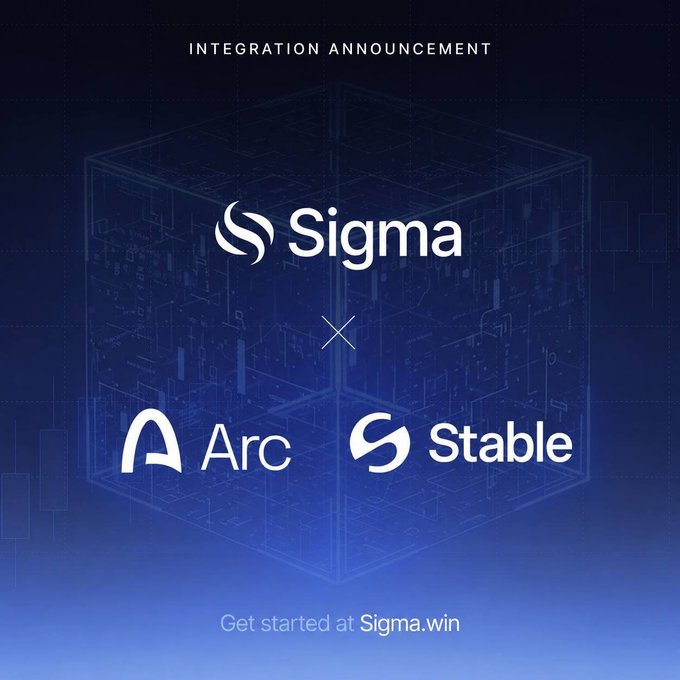 An 'INTEGRATION ANNOUNCEMENT' graphic displays logos for 'Sigma', 'Arc', and 'Stable' against a blue tech-themed background, directing to 'Sigma.win'.