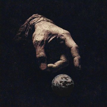A dark, moody painting of a weathered human hand reaching downward toward a small moon-like sphere against a black background.