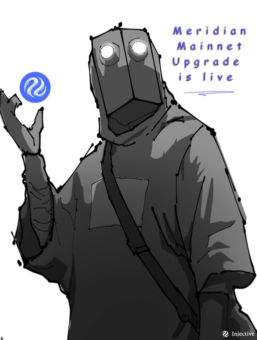 An illustration of a robot-like character holding a blue circular logo, with text reading 'Meridian Mainnet Upgrade is live' and an Injective logo in the corner.