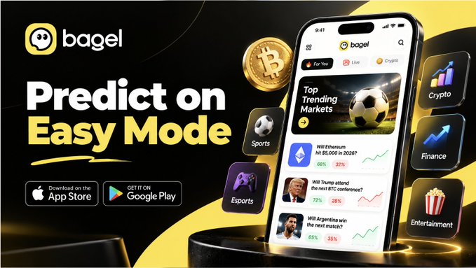 A promotional banner for the Bagel app, a mobile-first prediction market platform, featuring the tagline "Predict on Easy Mode" alongside download links for the App Store and Google Play. The image displays a smartphone interface showing trending prediction markets, including "Will Ethereum hit $5,000 in 2026?" and "Will Argentina win the next match?," with category icons for Crypto, Finance, Entertainment, Sports, and Esports—visually reinforcing the post's message about exploring diverse event-based trading beyond just price predictions.