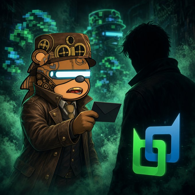 A steampunk-styled bear wearing glowing visors and a trench coat hands a sealed envelope to a shadowy figure, while pixelated surveillance cameras loom in a foggy green background—visualizing the post's critique of transparent public blockchains where basic transactions become traceable events. The Beldex logo on the figure's back and the @BeldexCoin tag reinforce the post's argument that privacy-preserving L1s are needed to keep "boring" payments truly unremarkable.