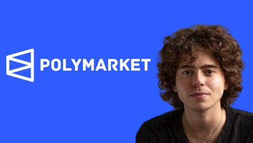 A young man with curly hair appears against a blue background with the white 'POLYMARKET' logo and icon on the left.