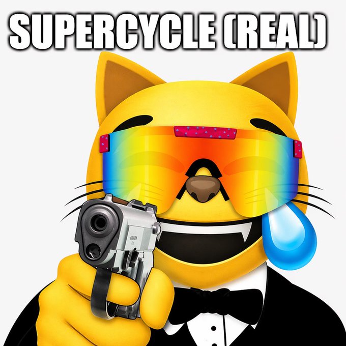 The image features a cartoon cat wearing sunglasses, holding a gun with both hands while standing against a white background. The caption of the image reads "Supercycle (REAL) MOG", indicating that this is an advertisement for a product or service related to the Supercycle genre in video games.