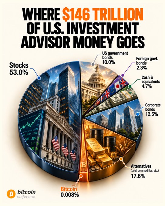 This infographic pie chart from Bitcoin Conference, titled "Where $146 Trillion of U.S. Investment Advisor Money Goes," breaks down asset allocations across various investment categories: Stocks (53.0%), Alternatives/gold/commodities (17.6%), Corporate bonds (12.5%), US government bonds (10.0%), Cash & equivalents (4.7%), Foreign government bonds (2.3%), and notably Bitcoin at just 0.008%.

The chart's central message reinforces the post's "still early to Bitcoin" narrative by visually highlighting Bitcoin's minuscule 0.008% allocation compared to traditional assets like stocks and bonds, suggesting significant room for growth as institutional adoption increases.