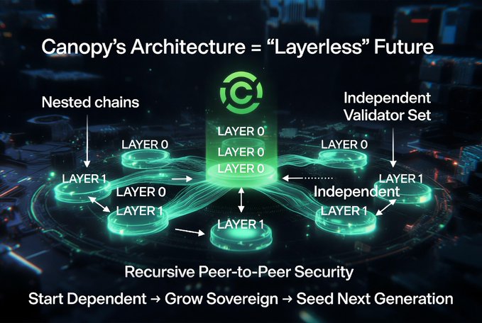 Canopy architecture diagram illustrating a 'Layerless' Future with Layer 0 and Layer 1 components, featuring nested chains, independent validator sets, and recursive peer-to-peer security.