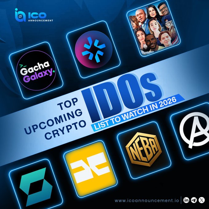 This image highlights "TOP UPCOMING CRYPTO IDOS LIST TO WATCH IN 2026," showcasing various project logos like Gacha Galaxy. The accompanying post lists tickers $GG, $AICRE8, $AAA, $SHFT, $FAN, $NEBA, and $DDY, indicating these are likely the projects featured.