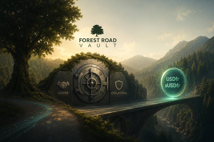 A promotional graphic for 'Forest Road Vault' shows a large vault door built into a forest hill, with 'LOANS' and 'COLLATERAL' labels on stone slabs, alongside a glowing green orb displaying 'USDf' and 'sUSDf'.