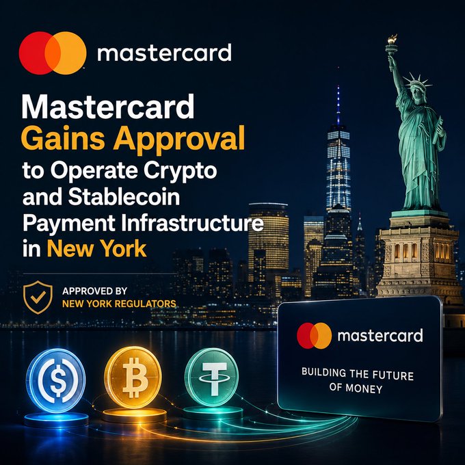 The image features a city skyline at night, with the Mastercard logo prominently displayed above it. Below the skyline, there are four different types of cryptocurrency icons representing Bitcoin, Ripple, Litecoin, and Ethereum. The text "Mastercard gains approval to operate crypto and stablecoin payment infrastructure in New York" is also present on the image.