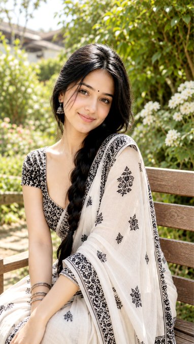 A young woman with long dark hair sits on a wooden bench in a lush garden, wearing a beautiful white saree with black floral embroidery and traditional jewelry. The serene, intimate setting and her gentle, warm expression complement the heartfelt post about appreciating the quiet, genuine moments of love with someone special.