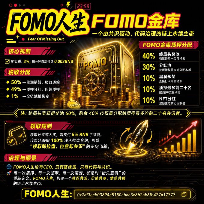 A promotional graphic for 'FOMO人生 FOMO金库' (FOMO Life FOMO Treasury) outlining a cryptocurrency system with various token allocations and contract addresses.