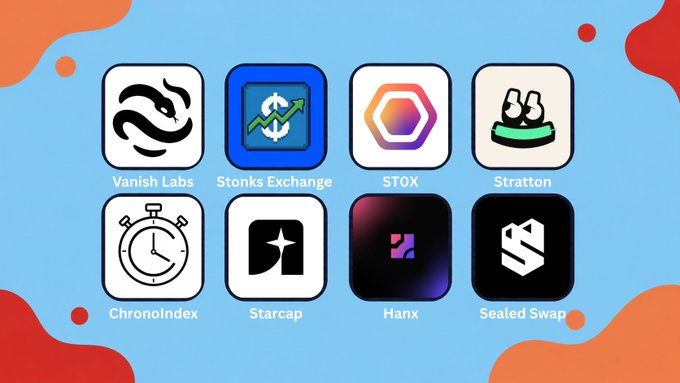 A graphic displaying eight app icons labeled: Vanish Labs, Stonks Exchange, STOX, Stratton, ChronoIndex, Starcap, Hanx, and Sealed Swap against a blue and orange background.