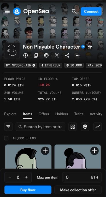 A screenshot of the OpenSea NFT marketplace page for the 'Non Playable Character' collection on Ethereum, showing a floor price of 0.0174 ETH and a 1D floor drop of -19.2%.