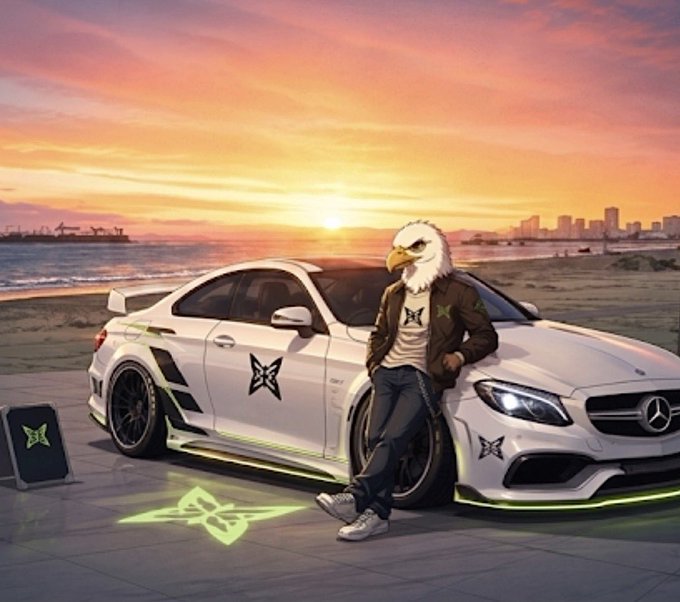 An anthropomorphic eagle figure in casual streetwear leans against a white Mercedes-AMG coupe at sunset, with glowing green "$QUIP" butterfly logos projected on the car and ground, visually reinforcing the post's pitch about Quip Network merging transaction security with real-world computing utility like logistics and AI.