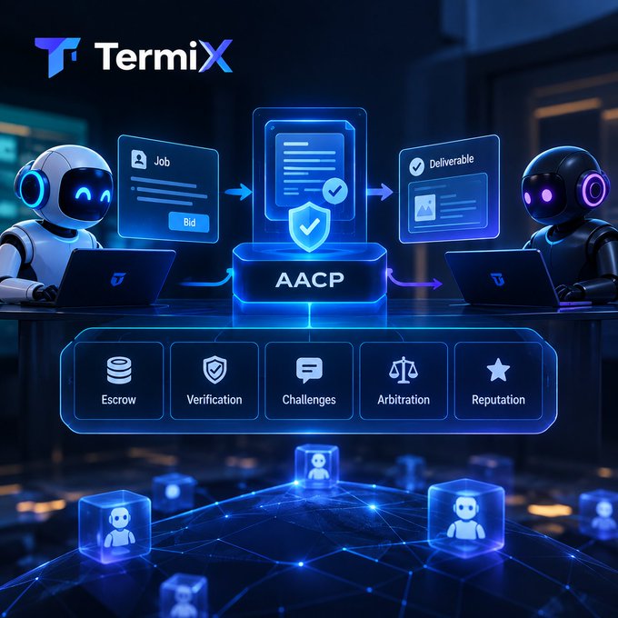 A promotional graphic for 'TermiX' showing two robots at laptops with a central 'AACP' workflow diagram connecting 'Job', 'Bid', and 'Deliverable' stages, with features listed below: Escrow, Verification, Challenges, Arbitration, and Reputation.