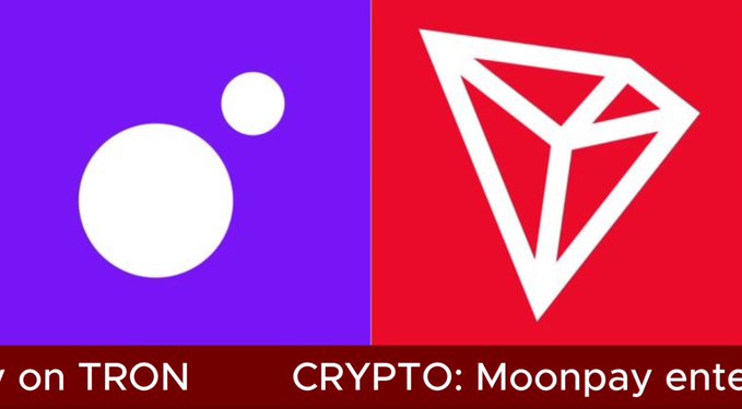 A news banner showing a purple Matrak logo and a red TRON logo with text reading 'CRYPTO: Moonpay' and partial text 'on TRON'.