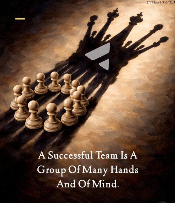 An inspirational graphic with chess pawns forming a heart shape, their shadows forming a king, and the quote: 'A Successful Team Is A Group Of Many Hands And Of Mind,' credited to @realwarrior313.