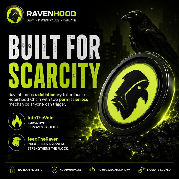 A promotional graphic for "RAVENHOOD" cryptocurrency token with the tagline "DEFY • DECENTRALIZE • DEFLATE" and "BUILT FOR SCARCITY," featuring a raven logo and detailing mechanisms "intoTheVoid" (burns RVH, removes liquidity) and "feedTheRaven" (creates buy pressure, strengthens the flock), with security features listed at the bottom.