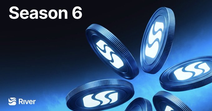 Promotional banner featuring the text "Season 6" and the River logo, showing multiple floating metallic River-branded coins/tokens on a dark blue background. The image visually represents the new season launch mentioned in the post, with the branded tokens symbolizing the platform's ecosystem of products like Omni-CDP and River4fun.