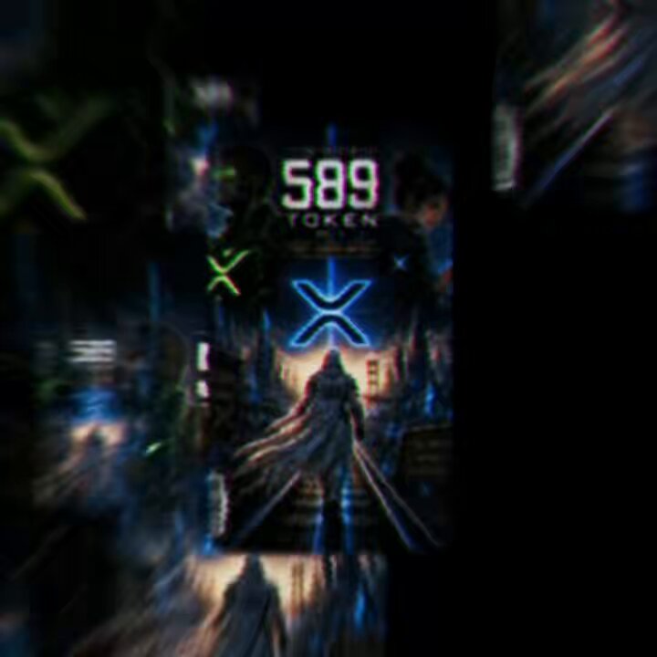 The image features a poster for "589 Coin" with a man holding a sword, surrounded by neon lights that create an otherworldly atmosphere. The poster includes text that reads "5899 Coin", "Xerox", and "Collector's Card". The background of the poster is black, which contrasts with the vibrant colors used in the design. The poster also contains a small image of a man holding a sword, adding to the overall theme of power and strength.
