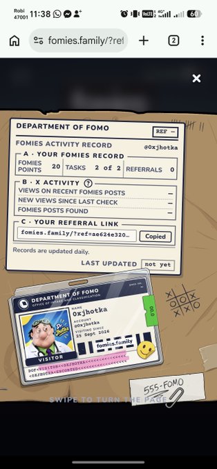 A mobile browser screenshot of 'fomies.family/?ref=' displaying a 'DEPARTMENT OF FOMO' activity record with 20 points, 2 tasks, and an ID card featuring a cartoon character labeled '0xJhotka'.