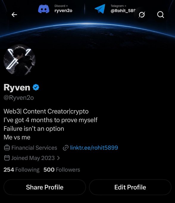 A Twitter/X profile for 'Ryven' (@Ryven2o) describing themselves as a 'Web3|Content Creator|crypto' with the tagline 'Failure isn't an option' and 500 followers.