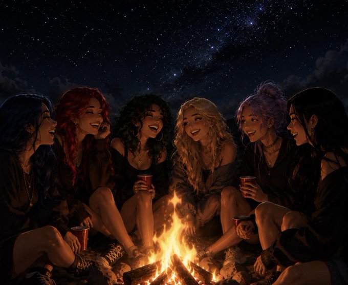 A digital illustration of six young women with different hair colors laughing and sitting around a glowing campfire under a starry night sky.